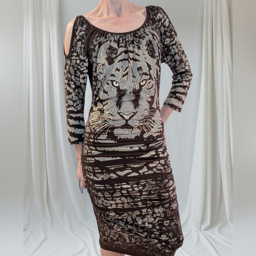 New Cache Tiger Graphic Print Bodycon Dress Cold Shoulder Medium
